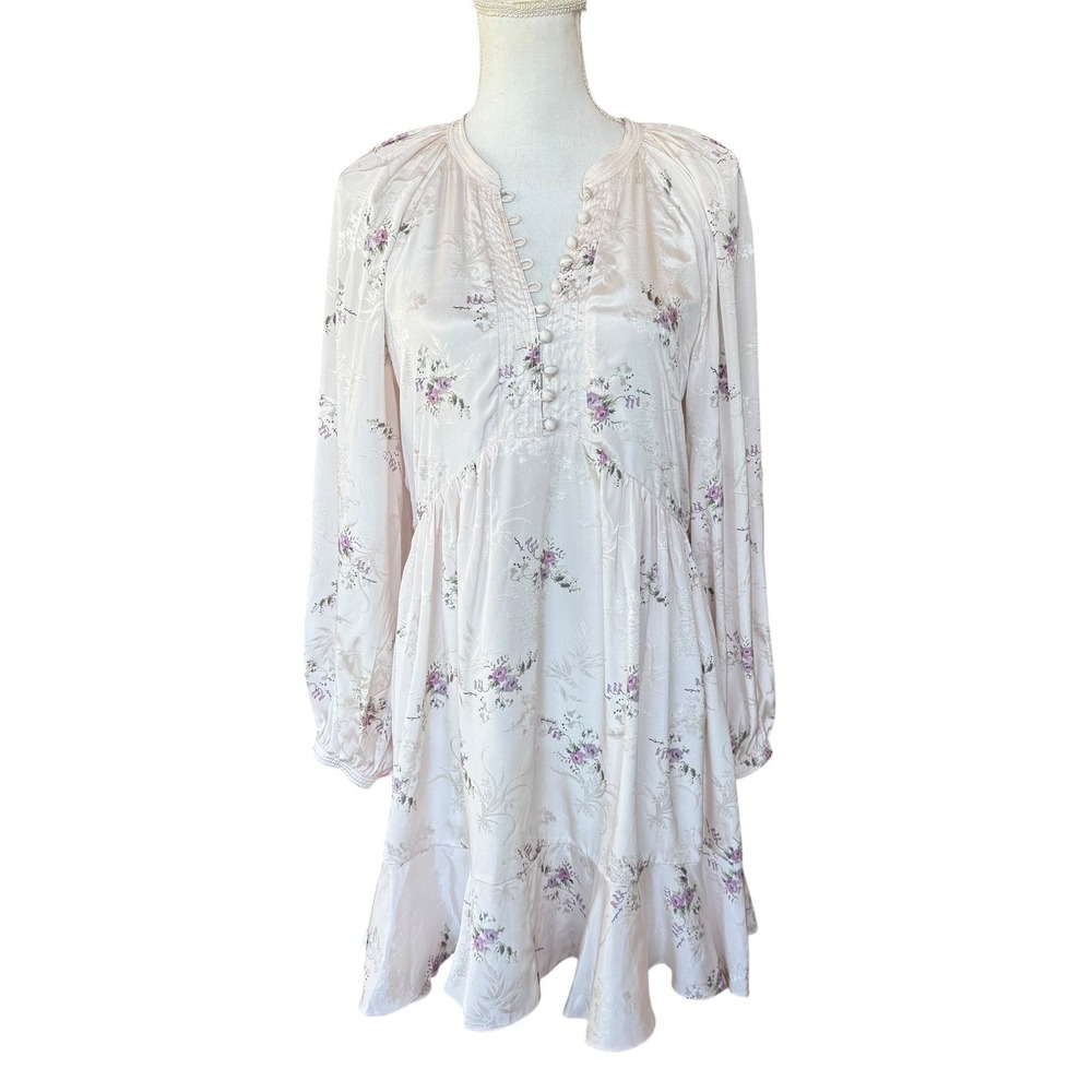 LoveShackFancy Pink Floral Jacquard Silk Blend Mini Dress Long Sleeve V-Neck S